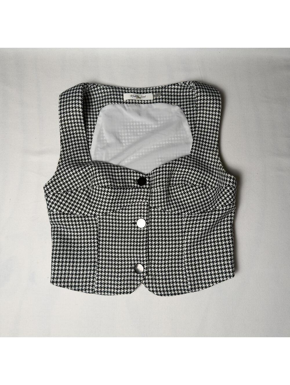 Mustard Seed Houndstooth Crop Waistcoat Vest Button Front Square Neck